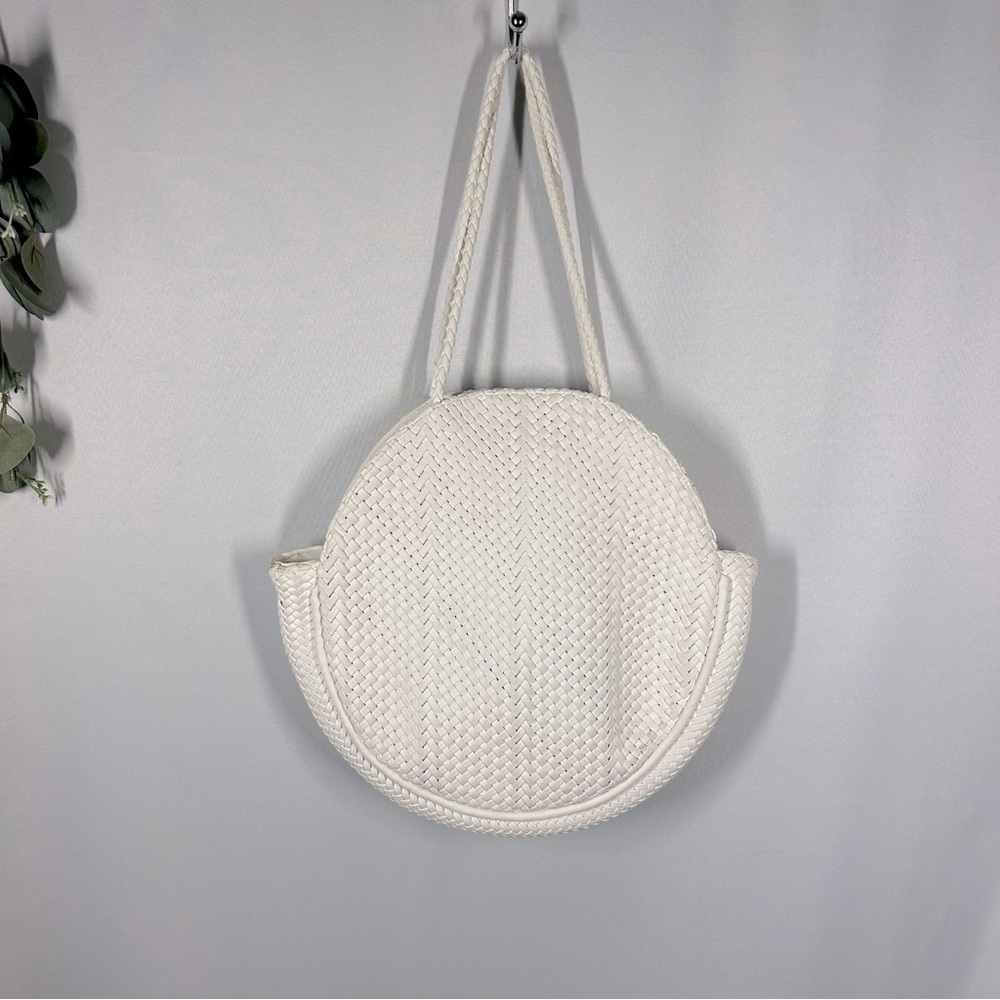 Anthropologie | Alison Woven Circular White Handbag Purse Tote Bag Faux Leather